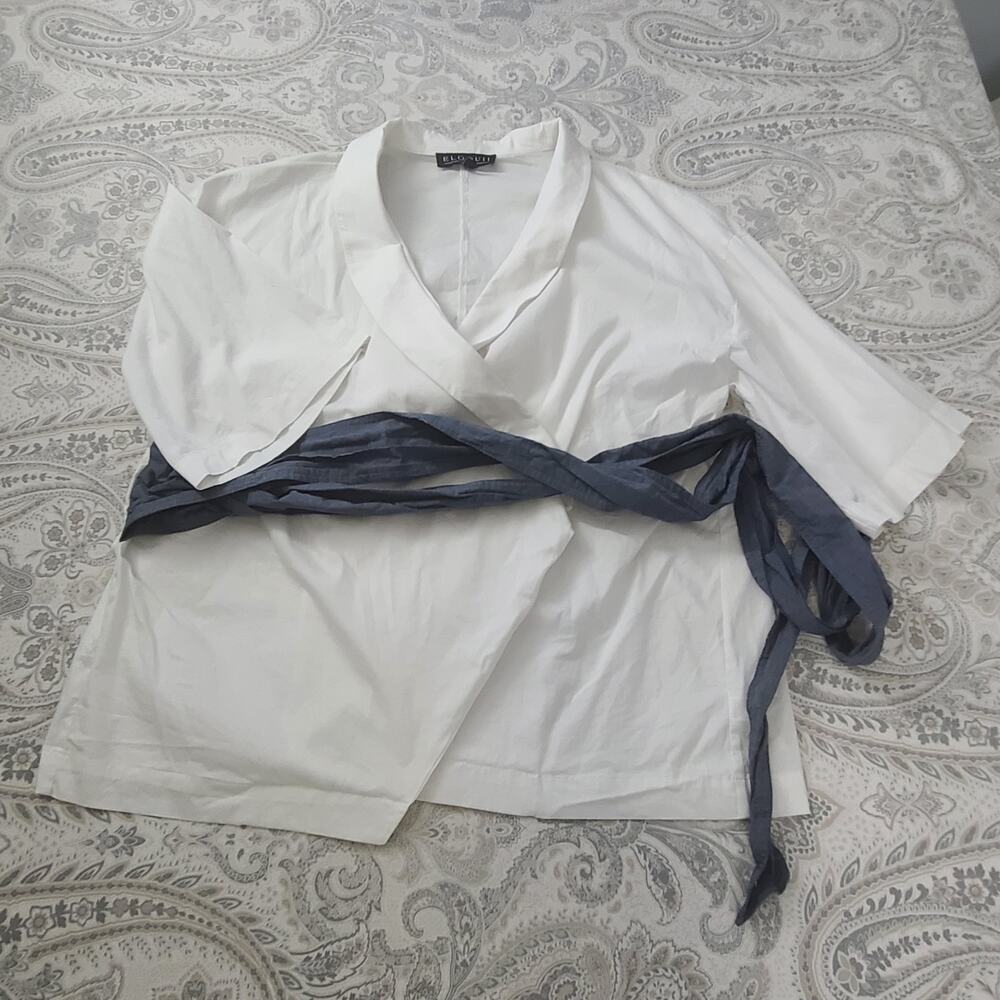 Eloqui dramatic wrap blouse with tie chic women's blouse white Sz 16 Office - Picture 4 of 9